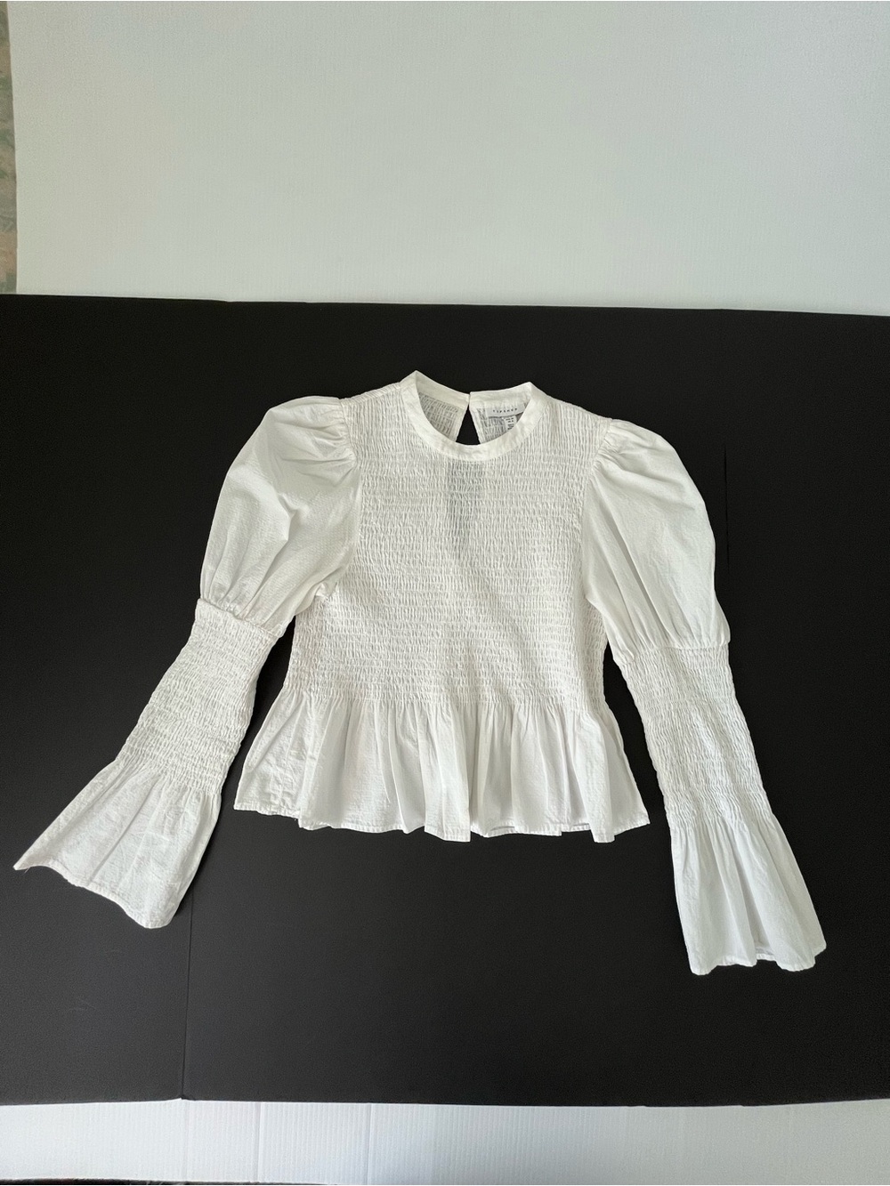 Topshop White Smocked Long Sleeve Peplum Blouse Size 10 US